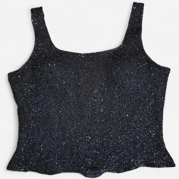 VTG Y2K Cache Black Silk Beaded Sparkly Goth Glam Tank Top with Padding M/S - Picture 5 of 8